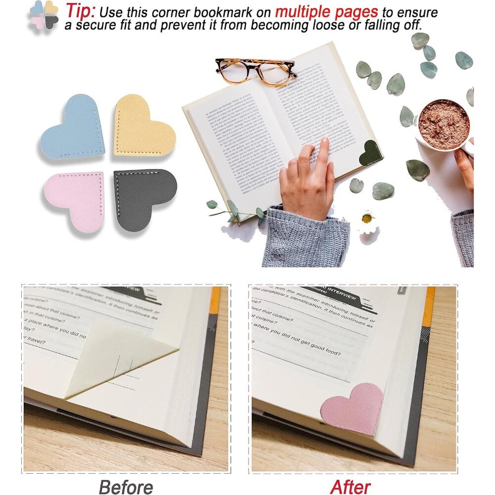 12 PCS Leather Bookmarks for Women with Heart Shape, Cute Corner Bookmark, Book - Picture 4 of 7